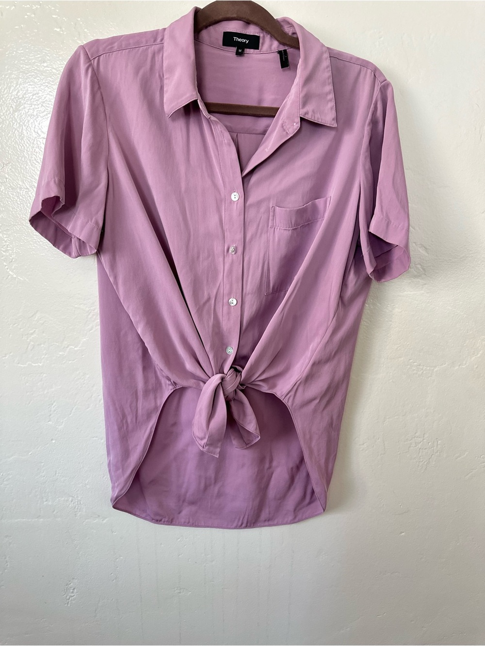 Theory Short Sleeve Tie Front Silk Blouse Shirt Lavender Pink Size Medium